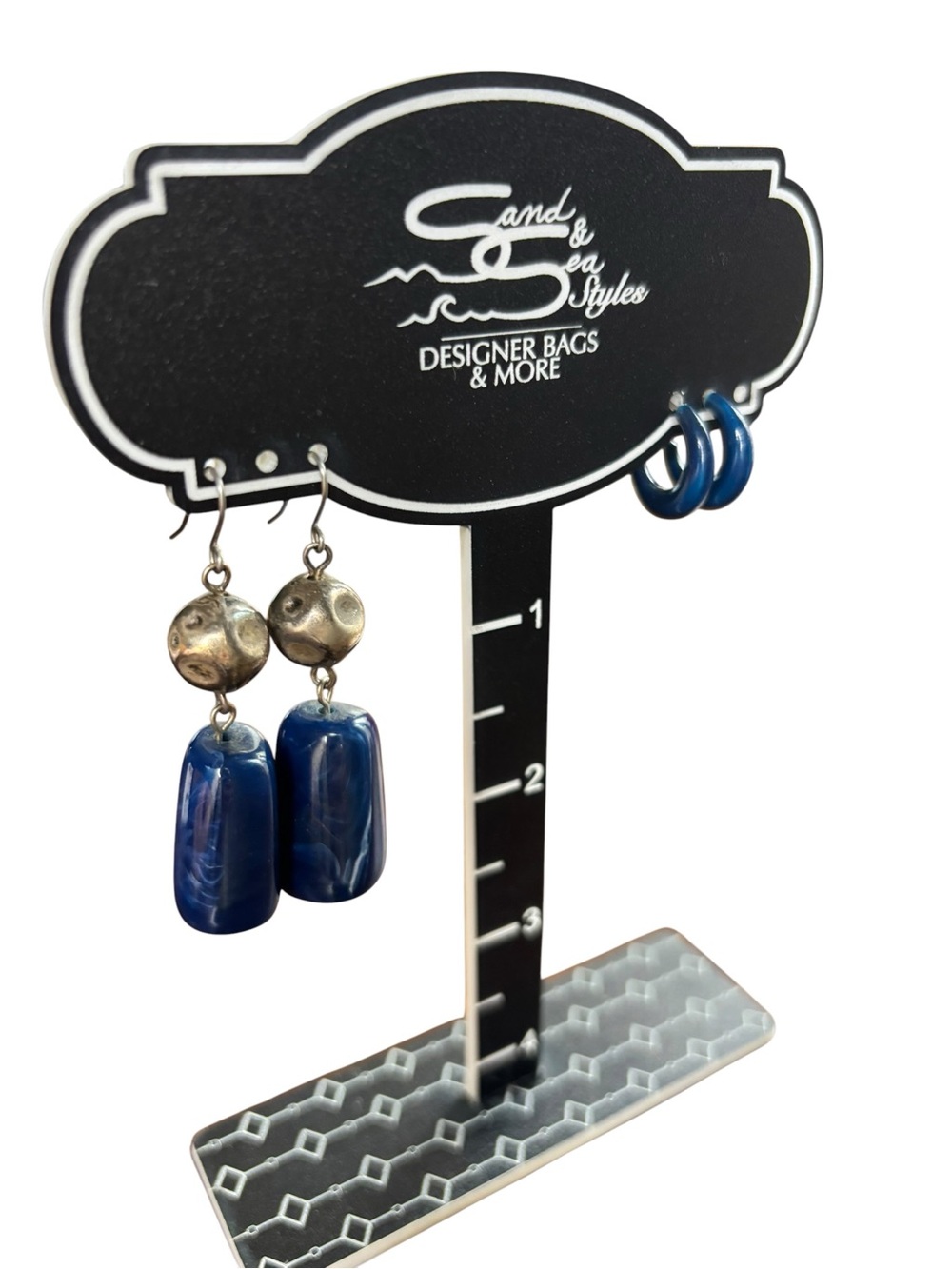 Blue Marbled Stone & Silver Tone Dangle Earrings + Blue Hoop Earrings (2 pair) - Picture 3 of 4